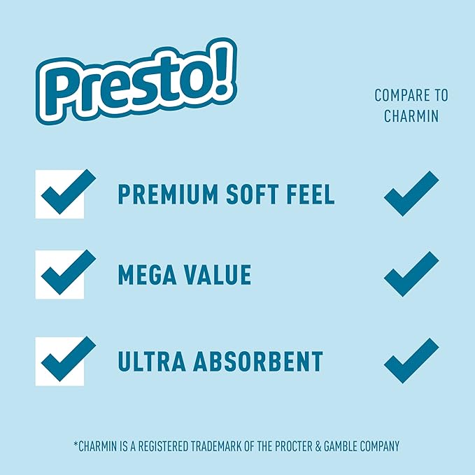 Amazon Brand - Presto! 2-Ply Ultra-Soft Toilet Paper, 12 Family Mega Rolls = 60 regular rolls, 6 Count (Pack of 2), Unscented, White