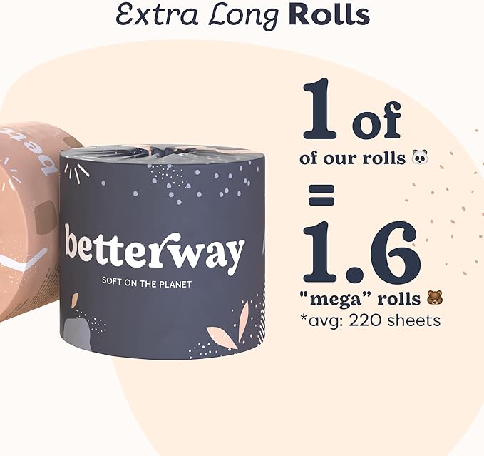 Betterway Bamboo Toilet Paper 3 Ply - Sustainable Toilet Tissue - 36 Long-Lasting Organic Rolls & 360 Sheets Per Roll - Septic Safe - Plastic & PFAS Free - FSC Certified