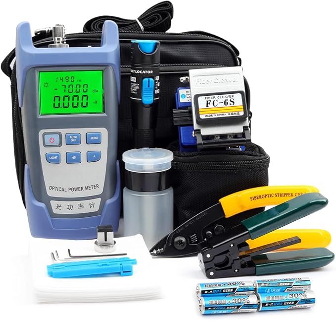 FTTH Fiber Optic Cold Connection Assembly Termination Tools Kit Bag with Visual Fault Locator Fiber Cleaver SC FC Connector Optical Power Meter Finder Cable Tester Stripper Tool Dust Free Paper