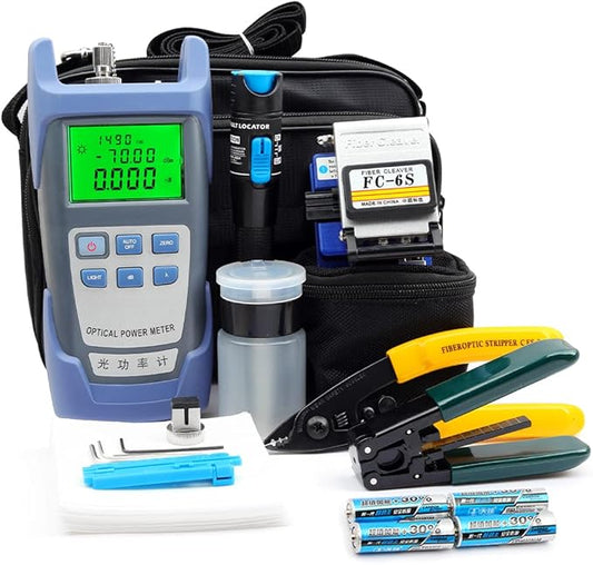 FTTH Fiber Optic Cold Connection Assembly Termination Tools Kit Bag with Visual Fault Locator Fiber Cleaver SC FC Connector Optical Power Meter Finder Cable Tester Stripper Tool Dust Free Paper