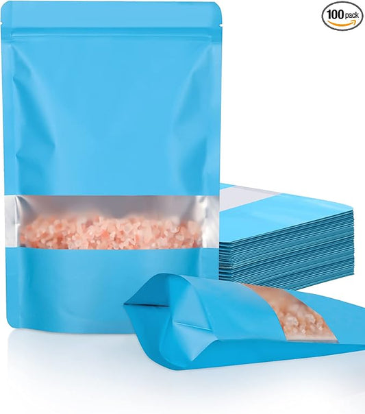 FireKylin 100 Pack Smell Proof Bags 5.5" x 7.8", Resealable Bags with Matte Window, Foil Pouch Stand Up Sealable Bags for Packaging（Blue）