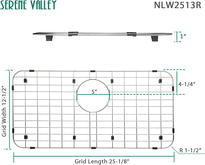 Serene Valley 25-1/4" X 12-1/2“ Sink Grid, Rear Drain with Corner Radius 1-1/2", NLW2513R
