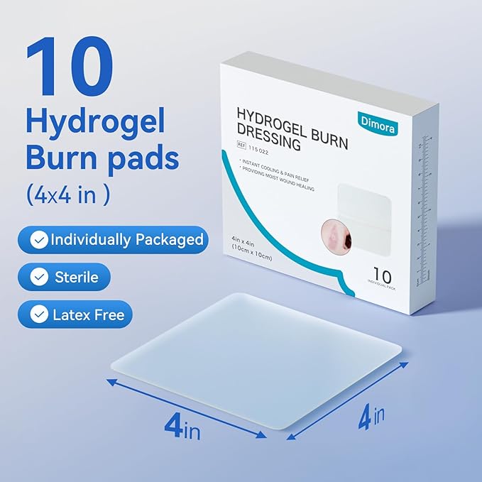 Dimora Hydrogel Burn Dressing 4" x 4" - Burn and Wound Dressing Instant Cooling Relief for Minor Burns & Wounds, Soothing Moist Burn Pads for 1st-2nd Degree Burns, Cuts, Abrasions(10 Count)