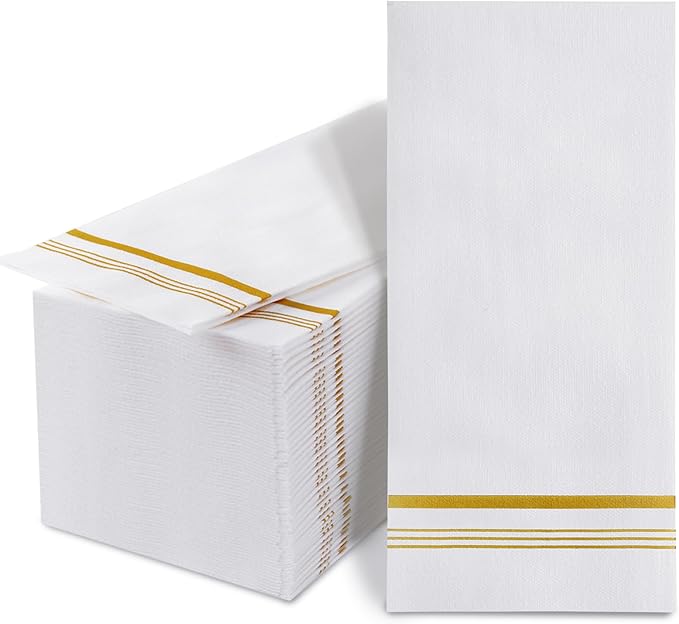 100 Disposable Paper Hand Towels for Bathroom, Linen Feel Guest Towels, Soft and Absorbent Paper Towels Napkins Bulk for Dinner Parties Kitchen Wedding Graduation, 12" x 17"(Gold Trim Lined)
