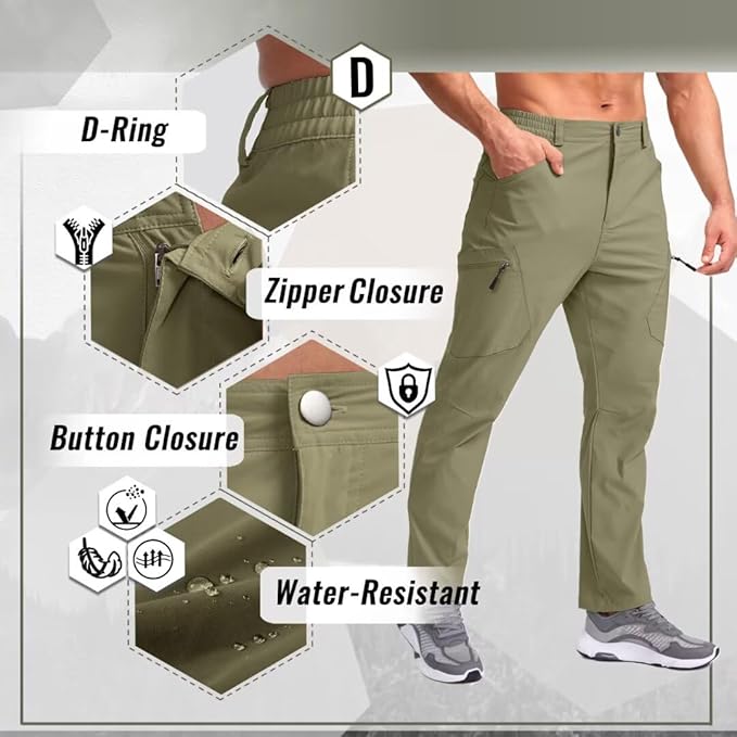 Pudolla Men's Lightweight Hiking Pants with 7 Pockets Quick Dry Water Resistant Fishing Travel Pants
