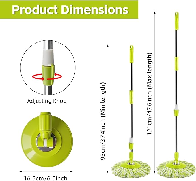 Spin Mop Replacement Handle, 47.6-inch 360 Degrees Rotating Telescopic Replacement Mop Stick with a Robust Stainless Steel Disc for Spin Mop Bucket Cleaning System (Stainless Steel Disc,Green)
