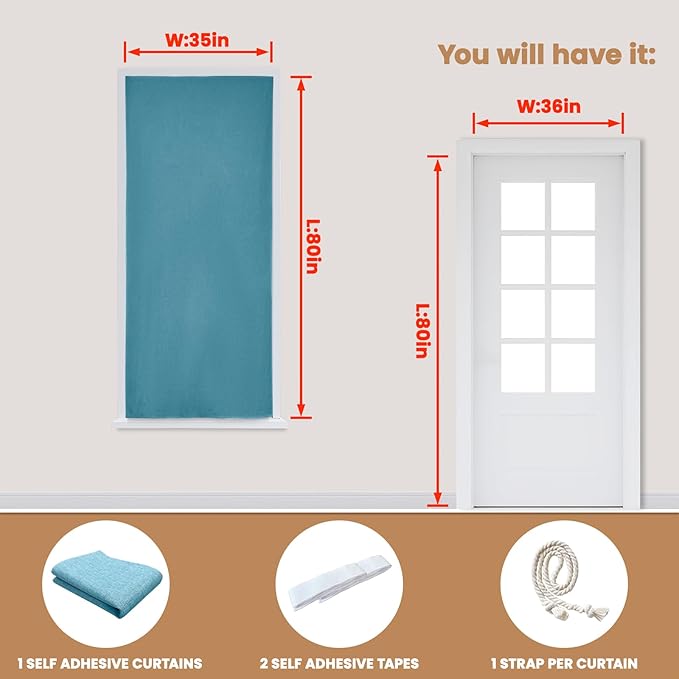 100% Blackout Curtain,Adhesive Curtain,Black Out Window Cover No Drilling Travel Kit,Perfect for Media Rooms, Dormitories and Renters (Stone Blue - W35 × L80 in)