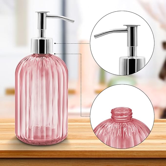 2 Pack Pink Glass Soap Dispenser Bottle with Pump, 14 Oz Refillable Liquid Hand Jar Dispenser for Bathroom, Countertop, Kitchen, Laundry Room