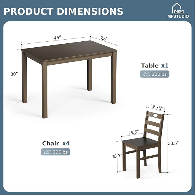 MFSTUDIO Dining Table Set for 4, Wood Kitchen Table with Chairs Set, Farmhouse 5 Piece Dining Room Table Set, Space Saving Dinette Set for Breakfast Nook, Apartment(Dark Walnut)