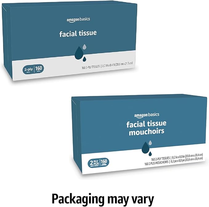 Amazon Basics Facial Tissue, 2-Ply, 1920 Count (12 Packs of 160), (Packaging may vary)