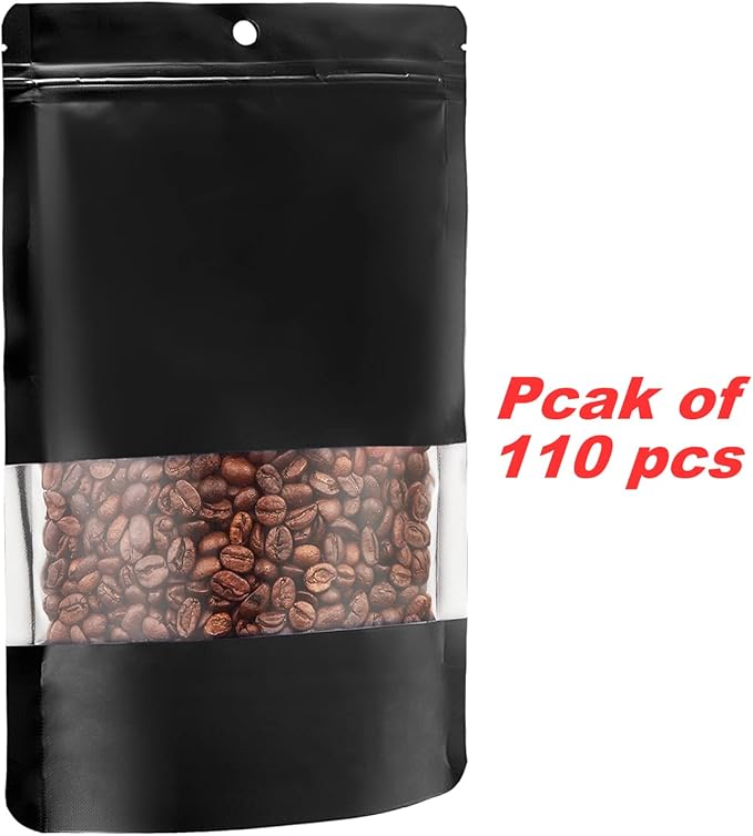 110 Pack Stand up Matte Metallic Storage Bags with Clear Front Window Heat-Sealable Resealable Solid Color Pouches for Food Storage Containers Organizer(Black,5.9 * 8.6 inch,Pack of 110)