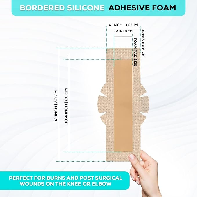 MedVance Bordered Adhesive Silicone Foam Dressing Pack of 10 - Waterproof Silicone Pad - Easy Apply & Remove Sterile Bandages - Wound Care & Dressings for Burns & More (4"x12" Bandage w/Wings)