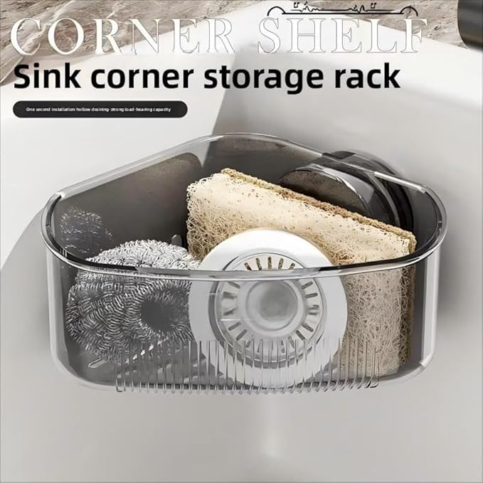 Kitchen Sink Storage Rack Suction Cup Corner Organizer for Sinks Drill-Free Triangular Sink Rack with Drain Basket Includes Adhesive Sponge and Soap Dish 2-Piece Set for Countertop Organization