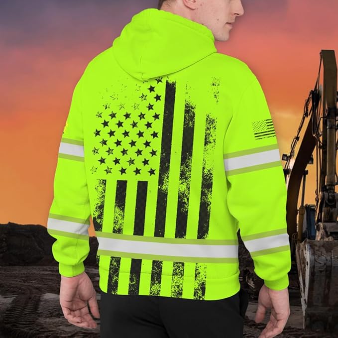 Color US Flag High Visibility Hoodie for Men Women Reflective Tapes Safety Workwear for Worker Runner Patriotic