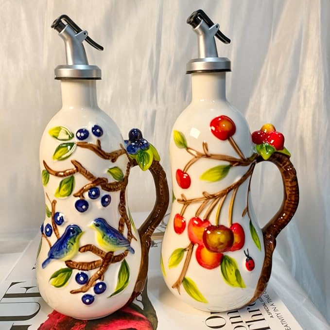 18 oz Hand-Painted Relief Ceramic Olive Oil Bottle Dispenser, with Handle Decorative Olive Oil Dispenser Bottle, for Kitchen Ceramic Oil Vinegar Bottle Seasoning Bottle with Stainless Steel Pour Spout