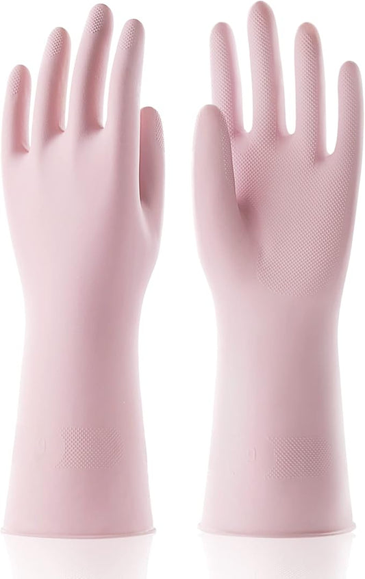 COOLJOB Large Household Rubber Gloves with Cotton Liner & Non-slip Grip, Waterproof Long Lasting Dishwashing Gloves for Kitchen & Bathroom Cleaning, Light Pink, 1 Pair