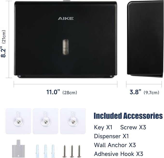 AIKE 200 Sheets Wall Mount Paper Towel Dispenser with Clear Window.Fit Multifold Paper Size 10"x3.1" or Smaller,Black Finish