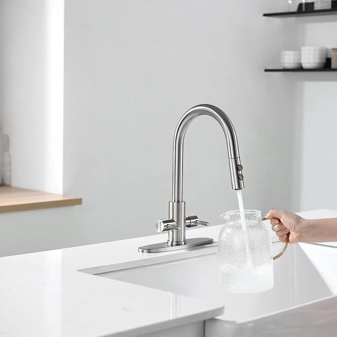 Kitchen Faucet, Two Handles Sink Faucet with Sprayer, Stainless Steel, Brushed Nickel, PB1045