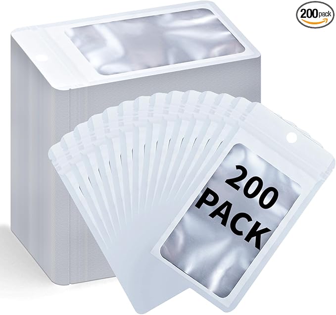 200 Pack Resealable Mylar Holographic Bags Food Storage Smell Proof Bags with Front Window Foil Packaging Pouch for Candy Sample Jewelry Small Business 2.95×4.72 Inch, White