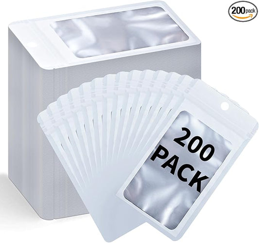 200 Pack Resealable Mylar Holographic Bags Food Storage Smell Proof Bags with Front Window Foil Packaging Pouch for Candy Sample Jewelry Small Business 4.13×5.91 Inch, White