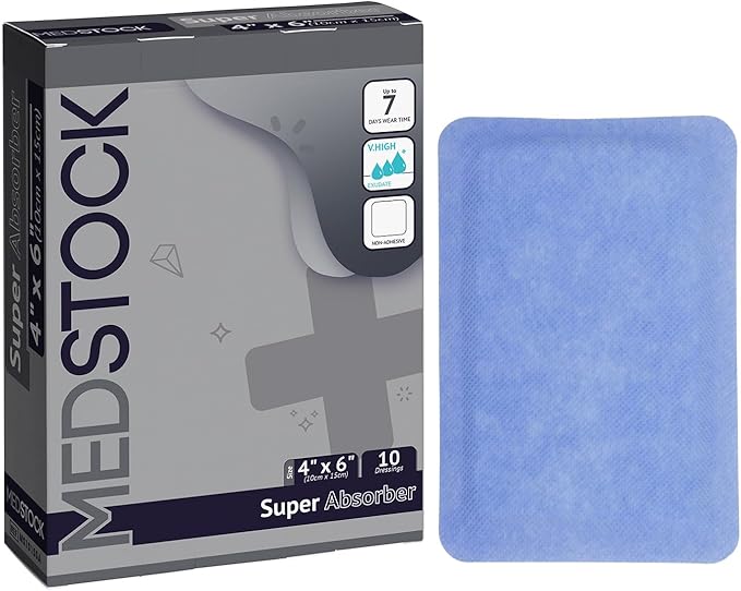 MEDSTOCK Super Absorber Dressing, 4"x6" (Pack of 10), Wound Care, Ultimate Absorption, Holds Extra Volumes of Exudate, Less Frequent Dressing Changes, Reduces Damage Risk & Maceration