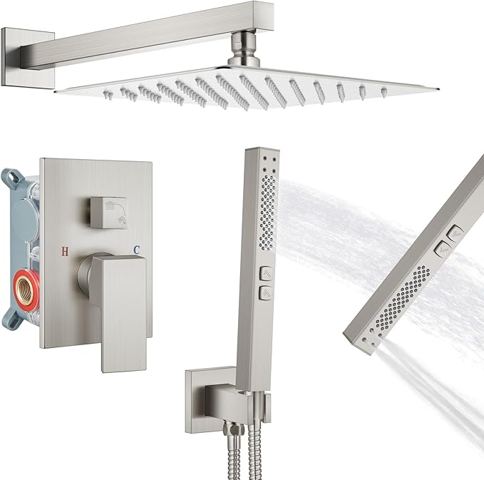 Shower Faucet Set Rainfall Shower System with Square Showerhead and Handle Set Fixture with 2 in 1 Function Handheld Sprayer Wall Mounted Trim Repair Kit Rough-in Valve 10 Inch Brushed Nickel