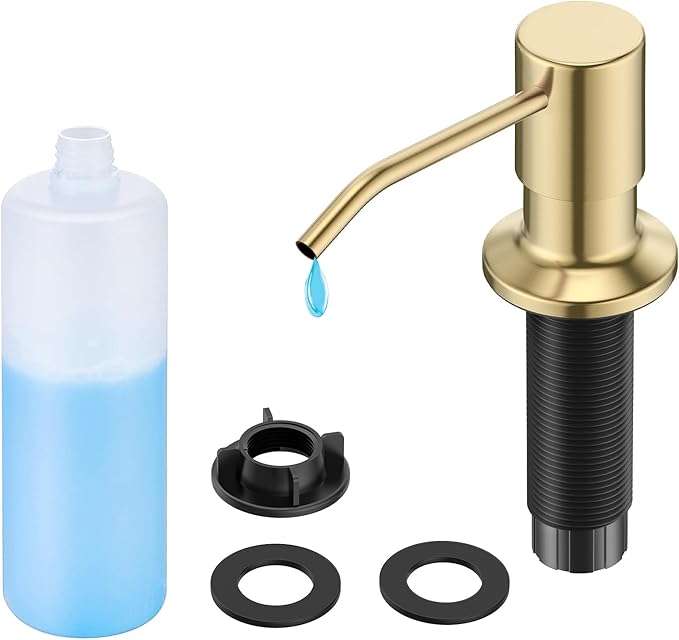 FORIOUS Brushed Gold Soap Dispenser for Kitchen Sink with 500ML/18OZ Bottle, Lotion Dispenser Built in Refill from The Top for Countertop Sink