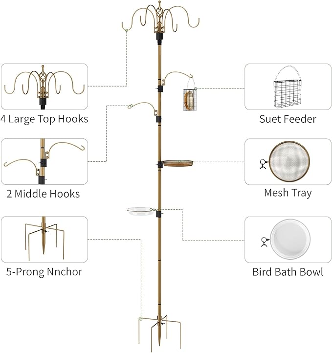 Bird Feeding Station with Multi Feeder Hanging, 4-Hook Bird Feeder Pole with 5 Prong Base, Metal Suet Feeder, Mesh Tray for Attracting Wild Birds and Planter Hanger (Copper 91in)