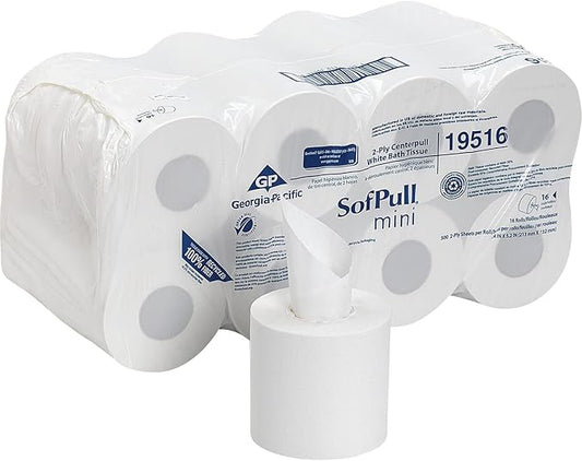 Georgia-Pacific SofPull Centerpull 2-Ply Mini Toilet Paper by GP PRO, 19516, 500 Sheets Per Roll, 16 Rolls Per Case, White