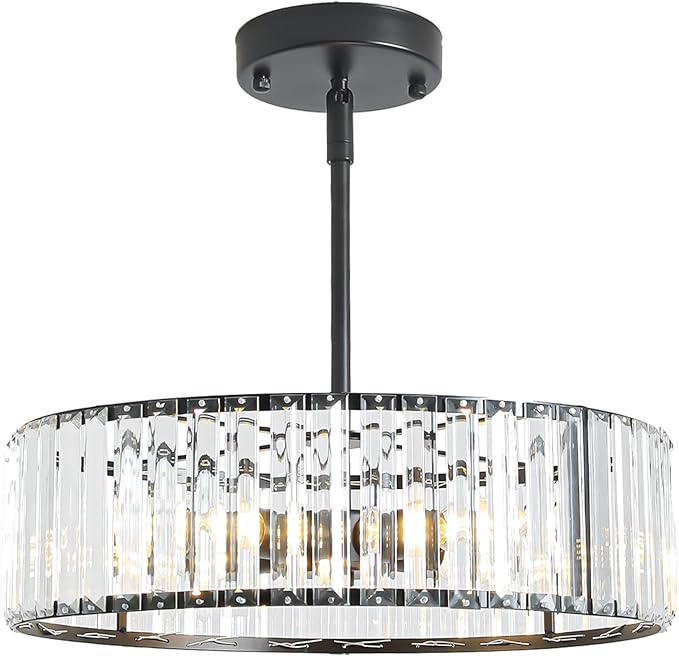 4-Light Black Crystal Chandelier for Dining Room,Modern Semi Flush Mount Ceiling Lighting Fixtures,Round Kitchen Hanging Drum Pendant Lights for Living Room Bedroom Foyer， 16 Inch