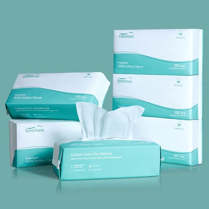 Saraflora 100% Cotton Facial Tissue Soft Dry Wipe 6 Pack, Use for Sensitive Skin Disposable Face Towel Extra Thick Dry and Wet Use Disposable Cotton Tissues for Washing Face Makeup Wipes（600 Count ）