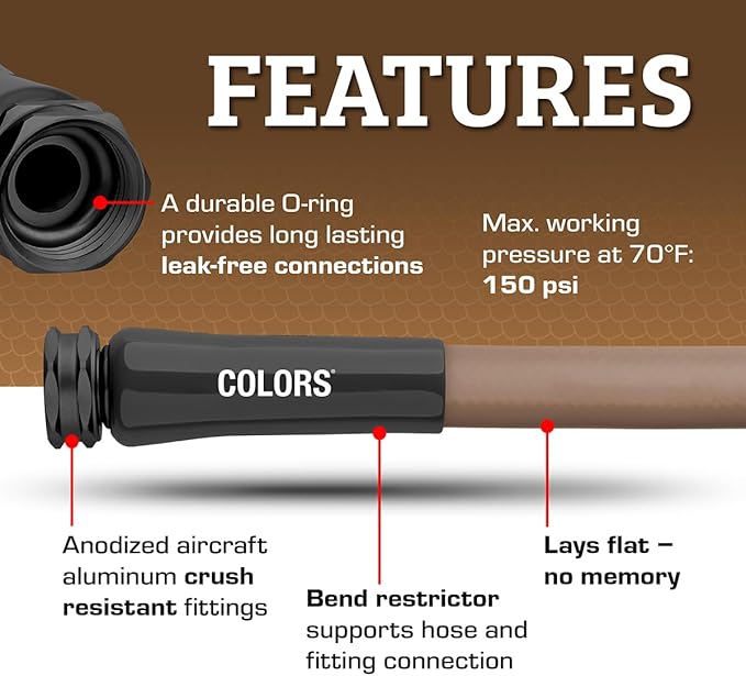Flexzilla Colors Garden Hose 5/8 in. x 100 ft., Lightweight All-Weather Water Hose, Durable and Flexible, Leak-Free Connections, Brown Mulch