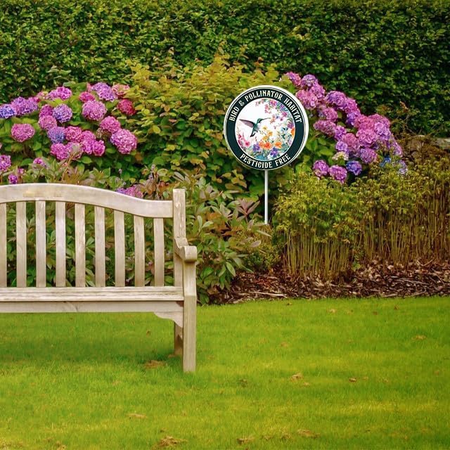 Bidesign Round (9.2X9.2) IN Bird And Pollinator Habitat Pestiside Free Yard Sign with Stake Rustproof Aluminum Hummingbird Lawn Signs Stand for Home Garden Yard Decorations Outdoor