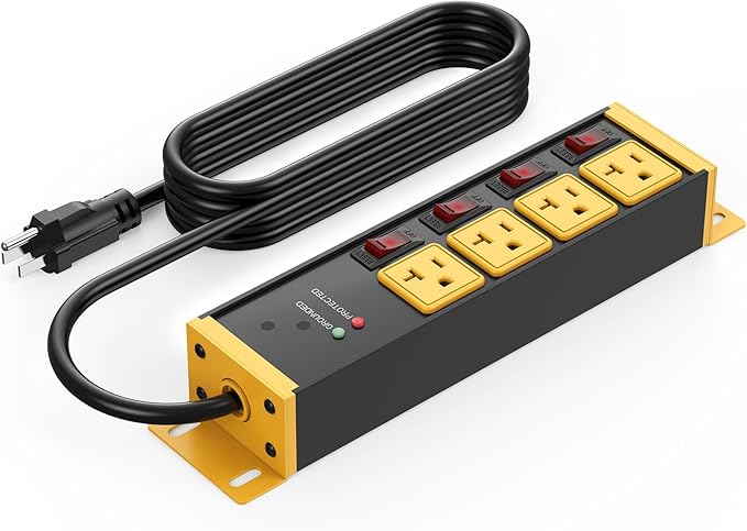 CCCEI Heavy Duty Surge Protector Power Strip 20 Amp Individual Switches. 15FT 12 Gauge Extension Cord with Multiple Outlets. Kitchen, Garage, Shop, Industrial Wall Mount Electric Extender, Yellow.