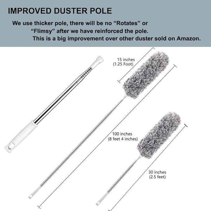Microfiber Feather Duster with Extendable Pole, 30-100 inches Extra Long Cobweb Duster for Cleaning, Bendable Head, Non-Scratch, Washable Duster for Ceiling, Fan, Furniture Gray