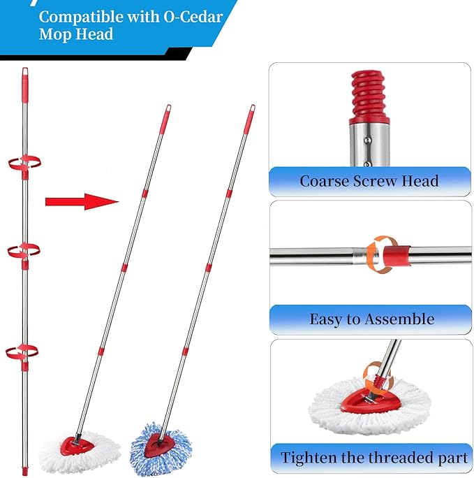 Mop Handle Replacement,4 Section Compatible with O-Cedar Spin Mop Refills and Brooms O Cedar Mop Stick for Floor Clean, 30" to 58"