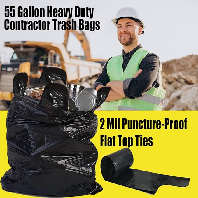Contractor Heavy Duty Trash Bags 55 Gallon | 10 Count | 2 MIL | 36" X 56" | Large Black Flap Tie Construction Garbage Bags for Business Home Commercial, Industrial, Storage, Outdoor