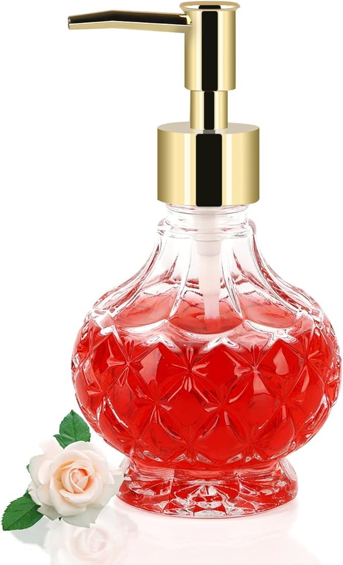 Glass Hand Soap Dispenser Bathroom with Rust Proof Pump for Kitchen Dish Soap, Hand Soap, Essential Oil & Lotion (New Gold)