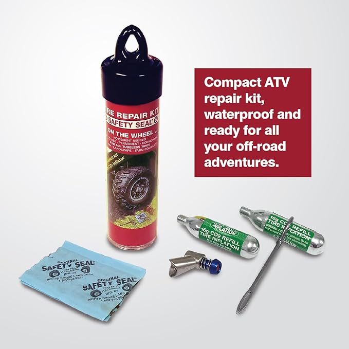 Safety Seal ATV Tire Repair Kit – Ready-to-Use Tubeless Tire Plug Kit with CO₂ Inflator, 6 Self-Vulcanizing 4" Repairs – for ATV, UTV, Quad & Motorcycle Tires