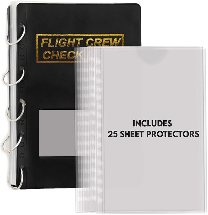 Performore Flight Crew Checklist Binder (Black) with 5 Loose Leaf Rings - Includes 25 Sheet Protectors and Business Card Size Pocket ON Front Cover for Label, for 8" X 5" Paper