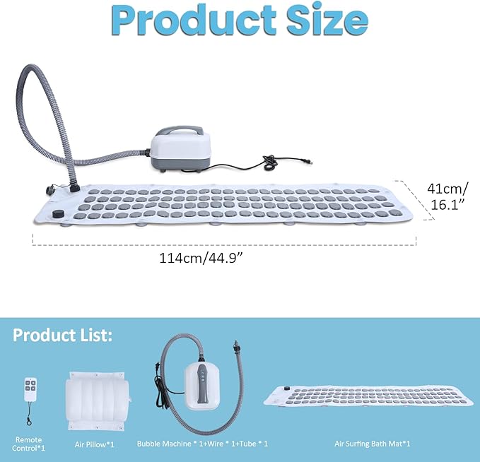 Portable Spa Bubble Bath Mat, Full Body Bubbling Bath Mat with Remote & Pillow, Electric Air Pump & Adjustable Bubble Settings, Bathtub Bubble Machine