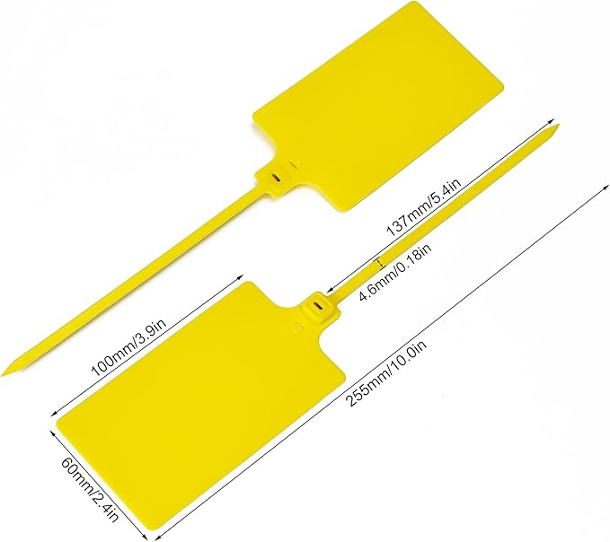 100 Yellow Plastic Writable Shipping Tags - Large, Waterproof, Hanging Labels with One Permanent Marker Pen