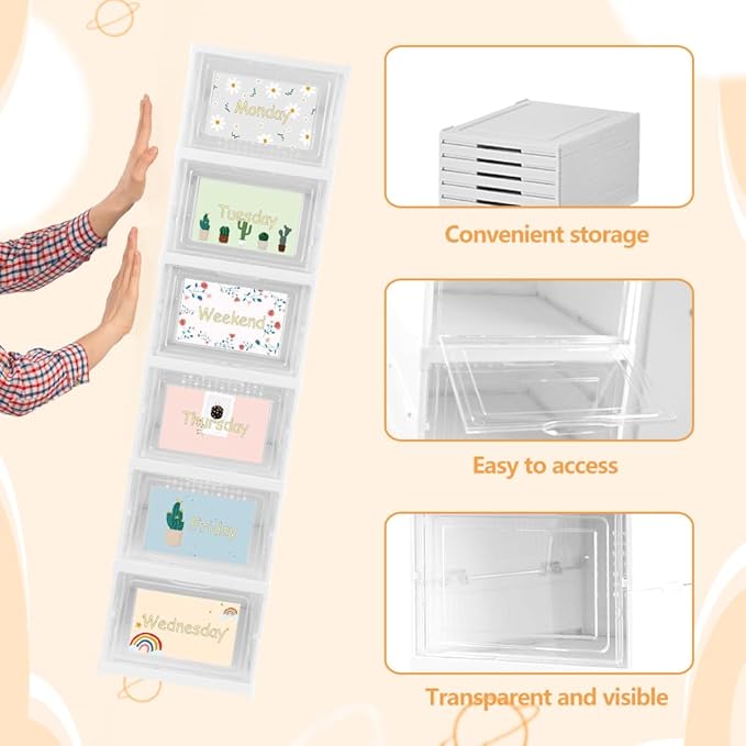 GRETJOB Weekly Clothes Organizer for Kids with Doors - 6-Tier Hanging Closet Shelves, Foldable Storage Cubby for Boys Girls, Durable Plastic Wardrobe Cabinet, Monday Through Friday Sorter