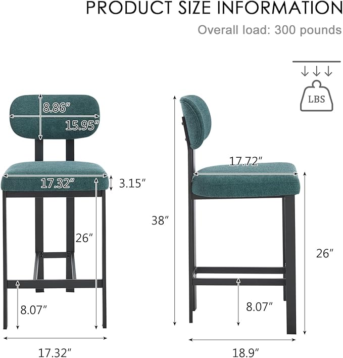 Modern Counter Stools Set of 6, 26" Upholstered Barstools with Back, Sturdy Black Metal Legs Dining Stools with Footrest for Home Pub Kitchen, Green