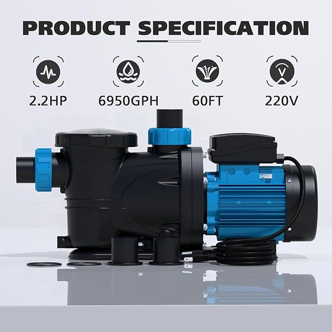 In/Above Ground Pool Pump, High Flow Powerful Self Priming Pool Pump with Timer,2.2 HP 6950 GPH 220V