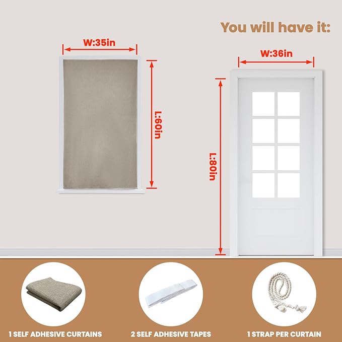 Adhesive Curtain,100% Blackout Shades,No Rod,Easy to Install,Provides Privacy Protection for Bedrooms (Light Coffee - W35 × L60 in)