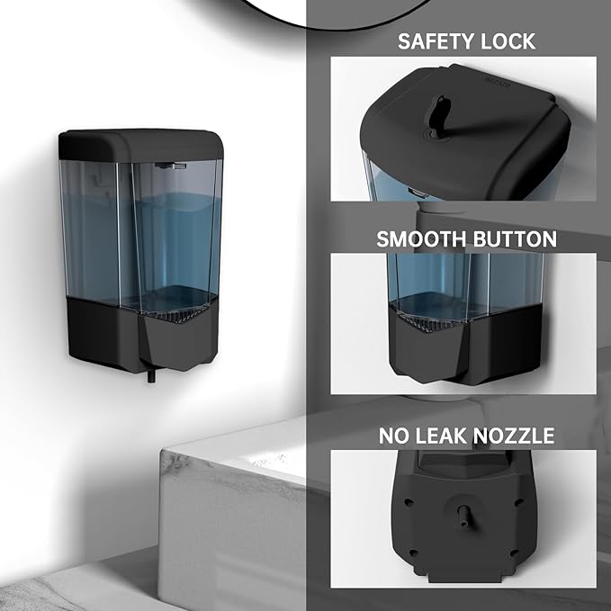 Hand Liquid Soap Dispenser Wall Mount 20floz（600ml）, Ideal for Commercial Bathrooms Restaurants Hotels, Use with Liquid Hand Soap Shampoo, ABS Black