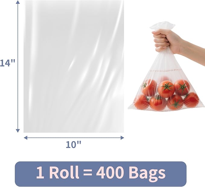 Immuson Plastic Produce Bag 10"x 14" Clear Plastic Food Storage Bags for Kitchen, Fruits, Vegetables, Travel Packing and Storage Needs (1 Roll = 400 Bags)