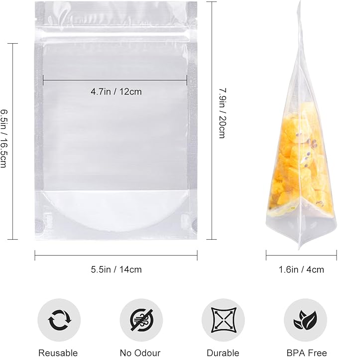 50 Pcs 7.9"X5.5" Clear Stand Up Zipper Seal Bgas,Reuseable Plastic Pouch for Food Storage, Transparent Sealing Food Pouches Snack Packing,Cookie,Snack,Spices,Pet Food and Drinking
