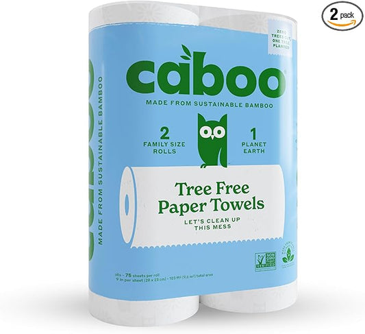 Caboo Tree Free Paper Towels, 2 Rolls, Tree Free, Eco Friendly, Earth Friendly, Sustainable Kitchen Paper Towels with Strong 2 Ply Sheets